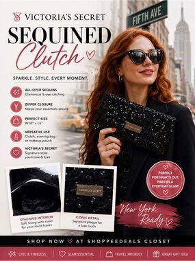 Victoria’s Secret Black Sequined Clutch Evening Bag Cosmetic Pouch